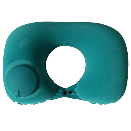 2-PCS Green  Inflatable Travel Neck Pillow Press to Inflate U-Shape Soft Flocking Support Cushion for Airplane Car & Camping Portable Air Pump Design.