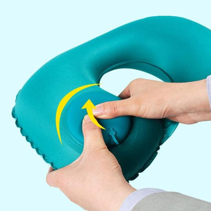 2-PCS Green  Inflatable Travel Neck Pillow Press to Inflate U-Shape Soft Flocking Support Cushion for Airplane Car & Camping Portable Air Pump Design.