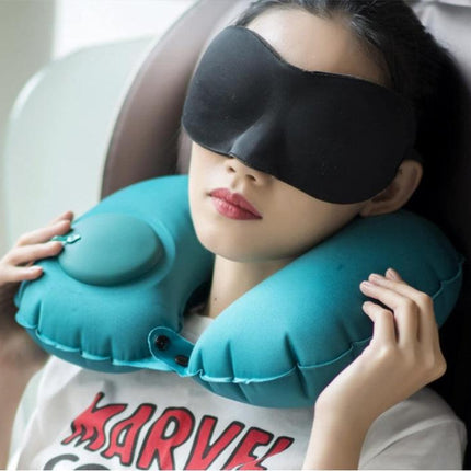 2-PCS Green  Inflatable Travel Neck Pillow Press to Inflate U-Shape Soft Flocking Support Cushion for Airplane Car & Camping Portable Air Pump Design.