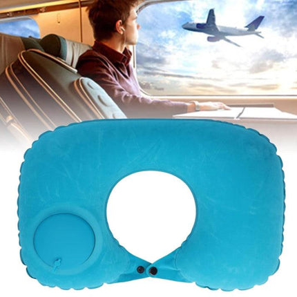 2-PCS Green  Inflatable Travel Neck Pillow Press to Inflate U-Shape Soft Flocking Support Cushion for Airplane Car & Camping Portable Air Pump Design.