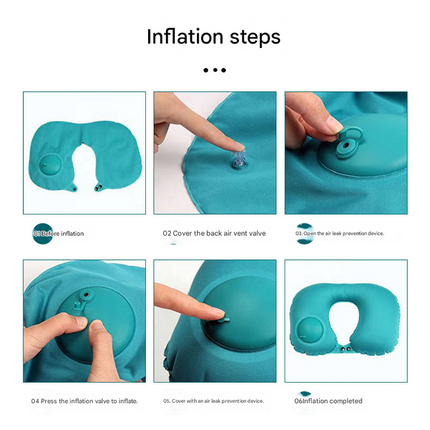 2-PCS Green  Inflatable Travel Neck Pillow Press to Inflate U-Shape Soft Flocking Support Cushion for Airplane Car & Camping Portable Air Pump Design.