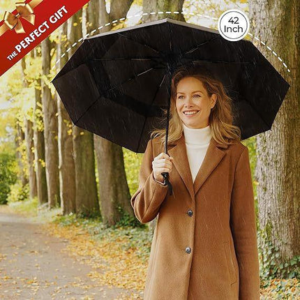 Black Automatic Windproof Travel Umbrella Compact Folding Umbrella Auto Open and Close with Vented Double Canopy for Rain and Sun.