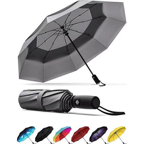 Grey Automatic Windproof Travel Umbrella Compact Folding Umbrella Auto Open and Close with Vented Double Canopy for Rain and Sun.