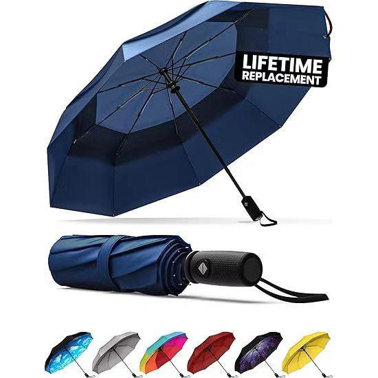 Blue Automatic Windproof Travel Umbrella Compact Folding Umbrella Auto Open and Close with Vented Double Canopy for Rain and Sun.