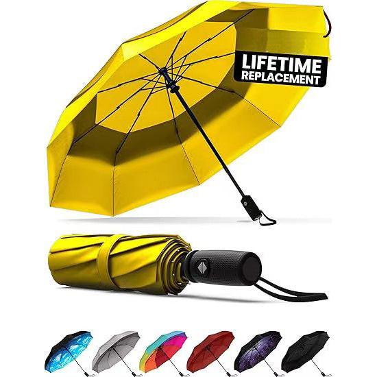 Yellow Automatic Windproof Travel Umbrella Compact Folding Umbrella Auto Open and Close with Vented Double Canopy for Rain and Sun.