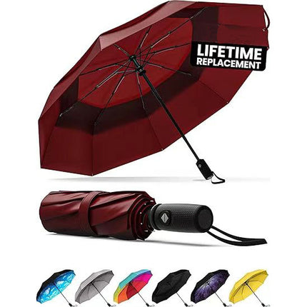 Red Automatic Windproof Travel Umbrella Compact Folding Umbrella Auto Open and Close with Vented Double Canopy for Rain and Sun.