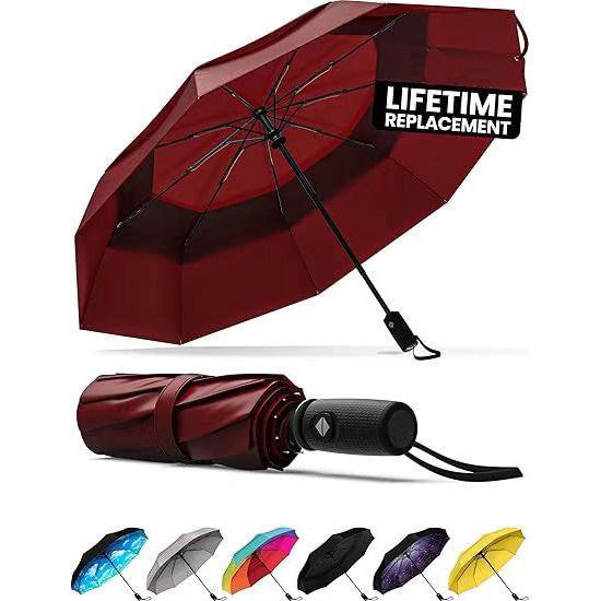 Red Automatic Windproof Travel Umbrella Compact Folding Umbrella Auto Open and Close with Vented Double Canopy for Rain and Sun.