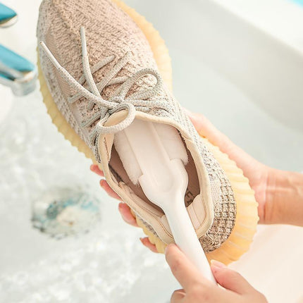 2-PCS White Multifunctional Double Headed Shoe Cleaning Brush with Long Handle Soft Silicone Bristles for Sneaker Upper and Hard Wire Brush for Sole 1 Piece.
