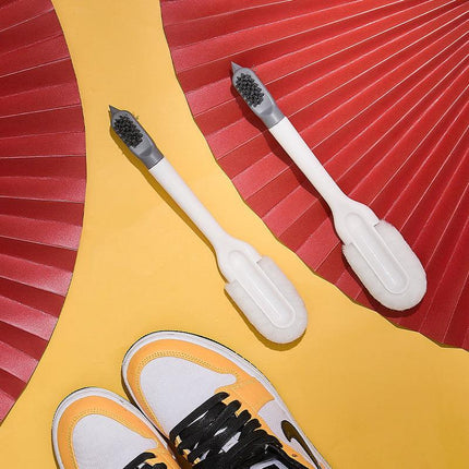 2-PCS White Multifunctional Double Headed Shoe Cleaning Brush with Long Handle Soft Silicone Bristles for Sneaker Upper and Hard Wire Brush for Sole 1 Piece.