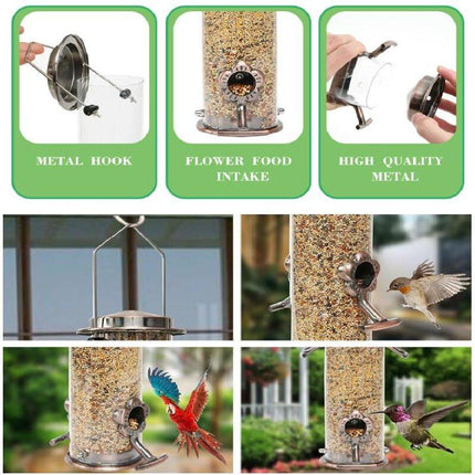 Hanging Metal Wild Bird Feeder Weatherproof Outdoor Garden Bird Food Dispenser with 4 Feeding Ports and Perches.