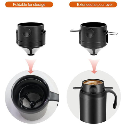 Black Portable Pour Over Coffee Maker Set Insulated Stainless Steel Travel Mug with Reusable Drip Filter and Spoon 3 Piece Kit.
