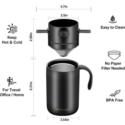 White Portable Pour Over Coffee Maker Set Insulated Stainless Steel Travel Mug with Reusable Drip Filter and Spoon 3 Piece Kit.