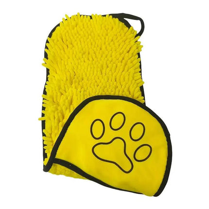 Yellow Super Absorbent Pet Bath Towel with Hand Pockets Quick Dry Chenille Microfibre for Dogs and Cats Large Size 62cm.