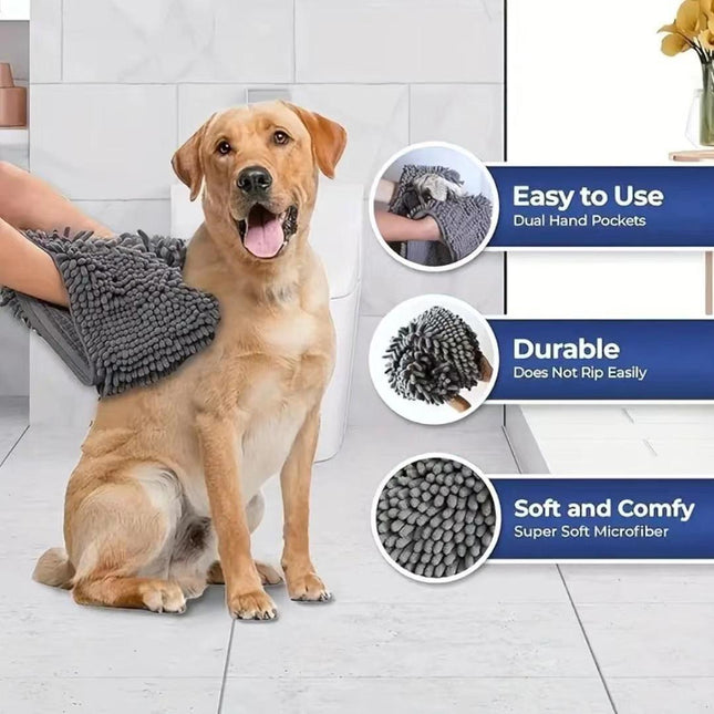 Blue Super Absorbent Pet Bath Towel with Hand Pockets Quick Dry Chenille Microfibre for Dogs and Cats Large Size 62cm.