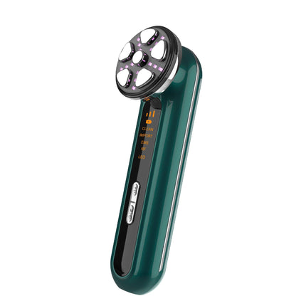 Green 4-in-1 RF EMS Facial Beauty Device Skin Tightening and Lifting Massager with LED Light Therapy Anti-Aging Tool for Home Use.