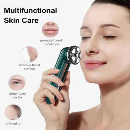 Green 4-in-1 RF EMS Facial Beauty Device Skin Tightening and Lifting Massager with LED Light Therapy Anti-Aging Tool for Home Use.