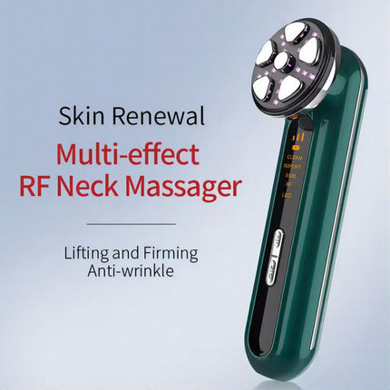 Green 4-in-1 RF EMS Facial Beauty Device Skin Tightening and Lifting Massager with LED Light Therapy Anti-Aging Tool for Home Use.