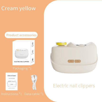 Cream yellow Electric Nail Clipper and Grinder 2-in-1 Automatic Nail Trimmer with LED Light Rechargeable Manicure Tool for Babies Adults and Seniors.