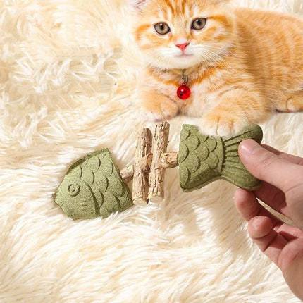 Brown 5 Pack Cat Catnip Toys Fish Bone Shaped Silvervine Chew Sticks for Teeth Cleaning and Interactive Play.