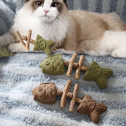 Brown 5 Pack Cat Catnip Toys Fish Bone Shaped Silvervine Chew Sticks for Teeth Cleaning and Interactive Play.