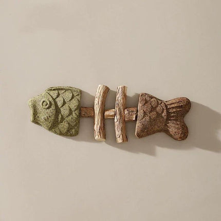 Brown and green 5 Pack Cat Catnip Toys Fish Bone Shaped Silvervine Chew Sticks for Teeth Cleaning and Interactive Play.