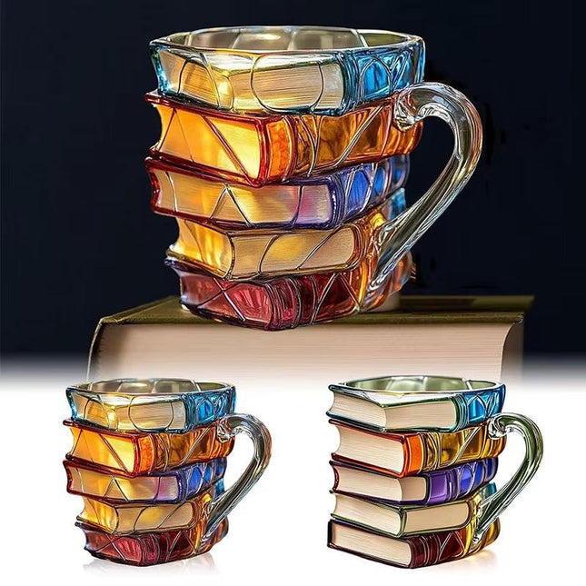 3D Book Stack Resin Mug with Spoon Creative Library Bookshelf Design Coffee Cup Unique Gift for Book Lovers and Writers(style I).