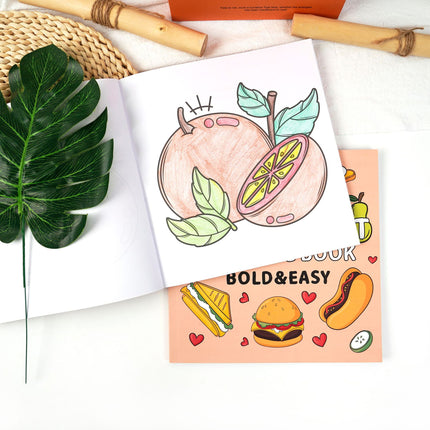 Food & Fruit Coloring Book 40 Pages Bold Lines Easy for Kids Ages 4+ Cartoon Design for Creative Play.