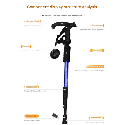 Black Professional Outdoor Trekking Pole – Lightweight Aluminum Alloy Adjustable Walking Stick with Shock Absorption System for Hiking, Climbing, and Kids | 4-Section Collapsible Design with Ergonomic Curved Handle.