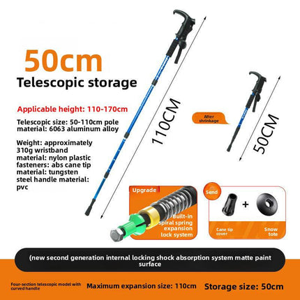 Blue Professional Outdoor Trekking Pole – Lightweight Aluminum Alloy Adjustable Walking Stick with Shock Absorption System for Hiking, Climbing, and Kids | 4-Section Collapsible Design with Ergonomic Curved Handle.
