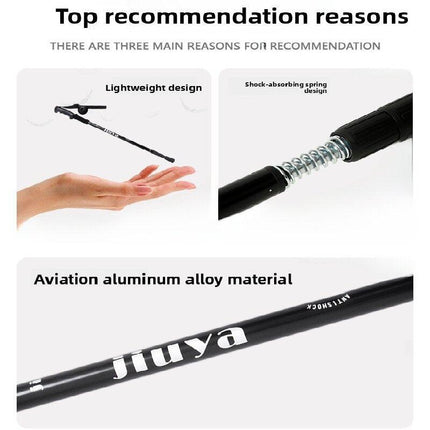 Blue Professional Outdoor Trekking Pole – Lightweight Aluminum Alloy Adjustable Walking Stick with Shock Absorption System for Hiking, Climbing, and Kids | 4-Section Collapsible Design with Ergonomic Curved Handle.