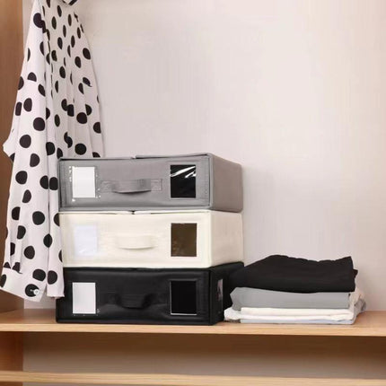 Black Foldable Oxford Fabric Storage Box with Clear Window – Large Capacity Organizer for Bedding, Clothes & More | Collapsible Design with Handle and Labeling Space.