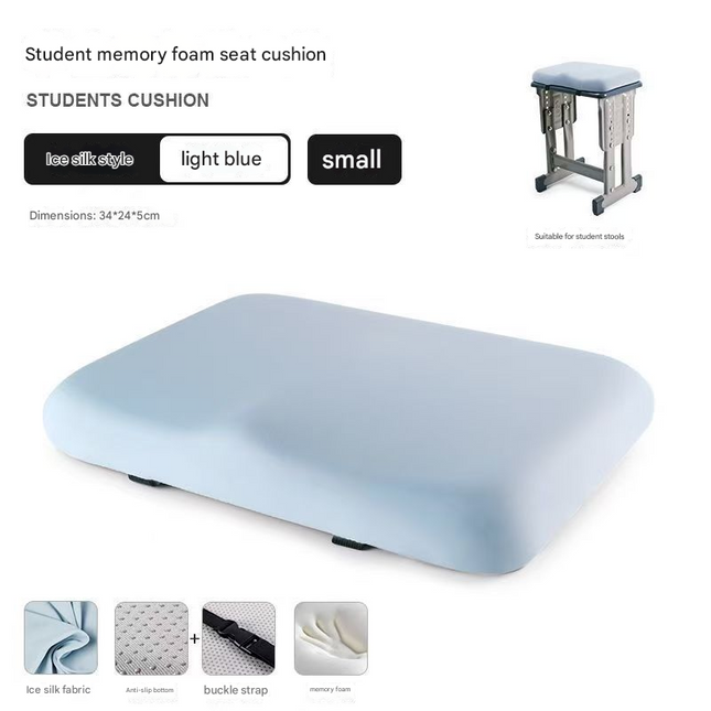 Light blue Ergonomic Memory Foam Student Seat Cushion – 34×24×5cm, Breathable & Anti-Slip Design for Long-Term Sitting Comfort in Classrooms | Ideal for Primary and Secondary School Students.