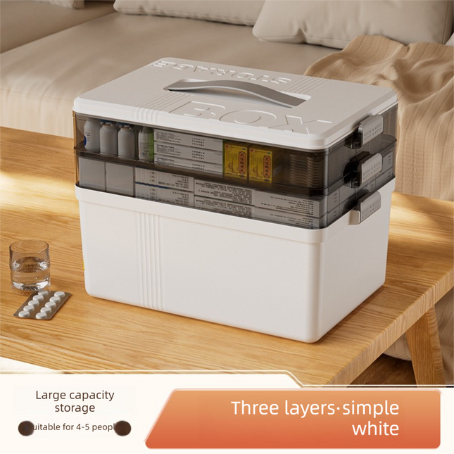 Grayish-white Large 3 Layer Medicine Storage Box Portable First Aid Kit Organiser with Handle Multi Compartment Container for Family Home Use.