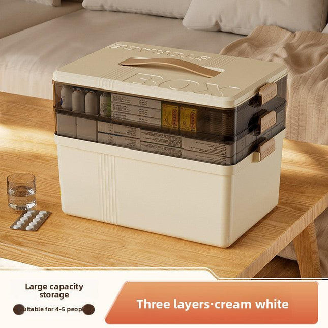 Cream white Large 3 Layer Medicine Storage Box Portable First Aid Kit Organiser with Handle Multi Compartment Container for Family Home Use.