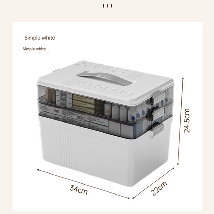 Cream white Large 3 Layer Medicine Storage Box Portable First Aid Kit Organiser with Handle Multi Compartment Container for Family Home Use.