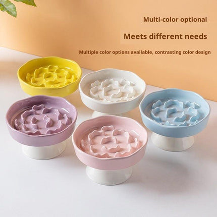 Yellow Ceramic Elevated Slow Feeder Bowl Raised Pet Dish 310ml Anti-Vomit Puzzle Design for Cats and Small Dogs Healthy Digestion Sturdy Base.