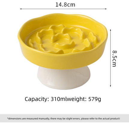 Yellow Ceramic Elevated Slow Feeder Bowl Raised Pet Dish 310ml Anti-Vomit Puzzle Design for Cats and Small Dogs Healthy Digestion Sturdy Base.