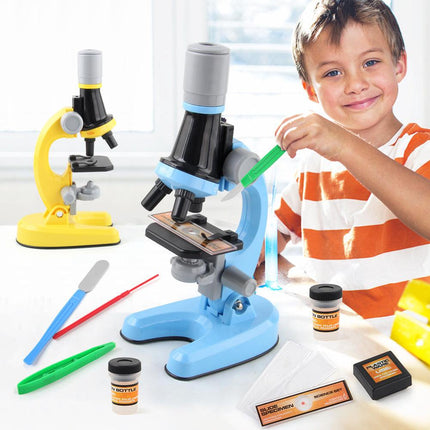 Blue Kids Biological Microscope Kit 100x 400x 1200x LED Magnification STEM Science Toy for School Students with Sample Slides.