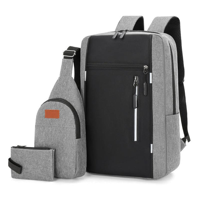 Grey 3 Piece Mens Backpack Set with Sling Bag and Pouch USB Charging Port Large Capacity Laptop Daypack Water Resistant Business Travel School Bag.
