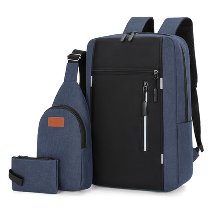 Blue 3 Piece Mens Backpack Set with Sling Bag and Pouch USB Charging Port Large Capacity Laptop Daypack Water Resistant Business Travel School Bag.