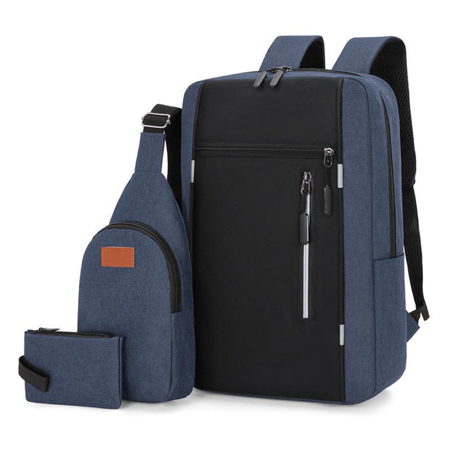 Blue 3 Piece Mens Backpack Set with Sling Bag and Pouch USB Charging Port Large Capacity Laptop Daypack Water Resistant Business Travel School Bag.