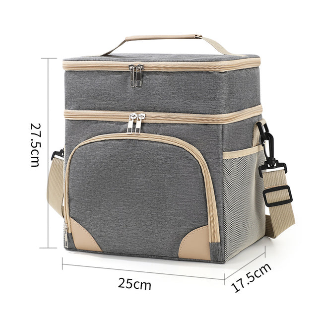 Grey Dual Layer Insulated Lunch Bag 12L Large Capacity Cooler Tote with Adjustable Strap Leakproof Thermal Food Carrier for Work Picnic and Camping.