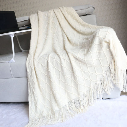 Beige Nordic Knitted Throw Blanket with Tassels 130x230cm Soft Acrylic Diamond Pattern Sofa Cover Bed Runner and Travel Blanket.
