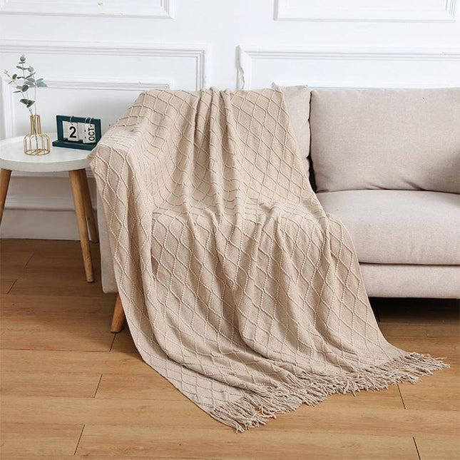 Khaki Nordic Knitted Throw Blanket with Tassels 130x230cm Soft Acrylic Diamond Pattern Sofa Cover Bed Runner and Travel Blanket.
