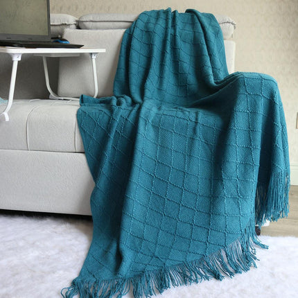 Morandi blue Nordic Knitted Throw Blanket with Tassels 130x230cm Soft Acrylic Diamond Pattern Sofa Cover Bed Runner and Travel Blanket.