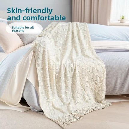 Morandi blue Nordic Knitted Throw Blanket with Tassels 130x230cm Soft Acrylic Diamond Pattern Sofa Cover Bed Runner and Travel Blanket.