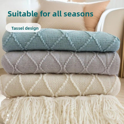 Morandi blue Nordic Knitted Throw Blanket with Tassels 130x230cm Soft Acrylic Diamond Pattern Sofa Cover Bed Runner and Travel Blanket.