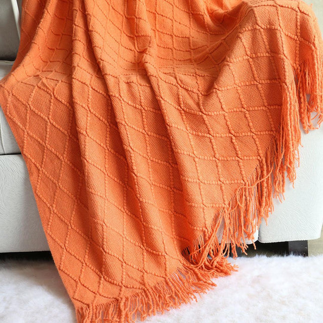Orange-red Nordic Knitted Throw Blanket with Tassels 130x230cm Soft Acrylic Diamond Pattern Sofa Cover Bed Runner and Travel Blanket.