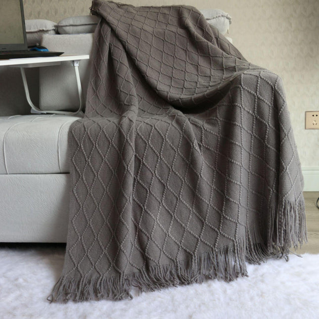 Smoky grey Nordic Knitted Throw Blanket with Tassels 130x230cm Soft Acrylic Diamond Pattern Sofa Cover Bed Runner and Travel Blanket.