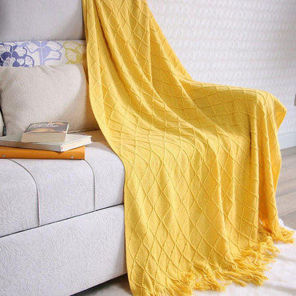 Turmeric Nordic Knitted Throw Blanket with Tassels 130x230cm Soft Acrylic Diamond Pattern Sofa Cover Bed Runner and Travel Blanket.